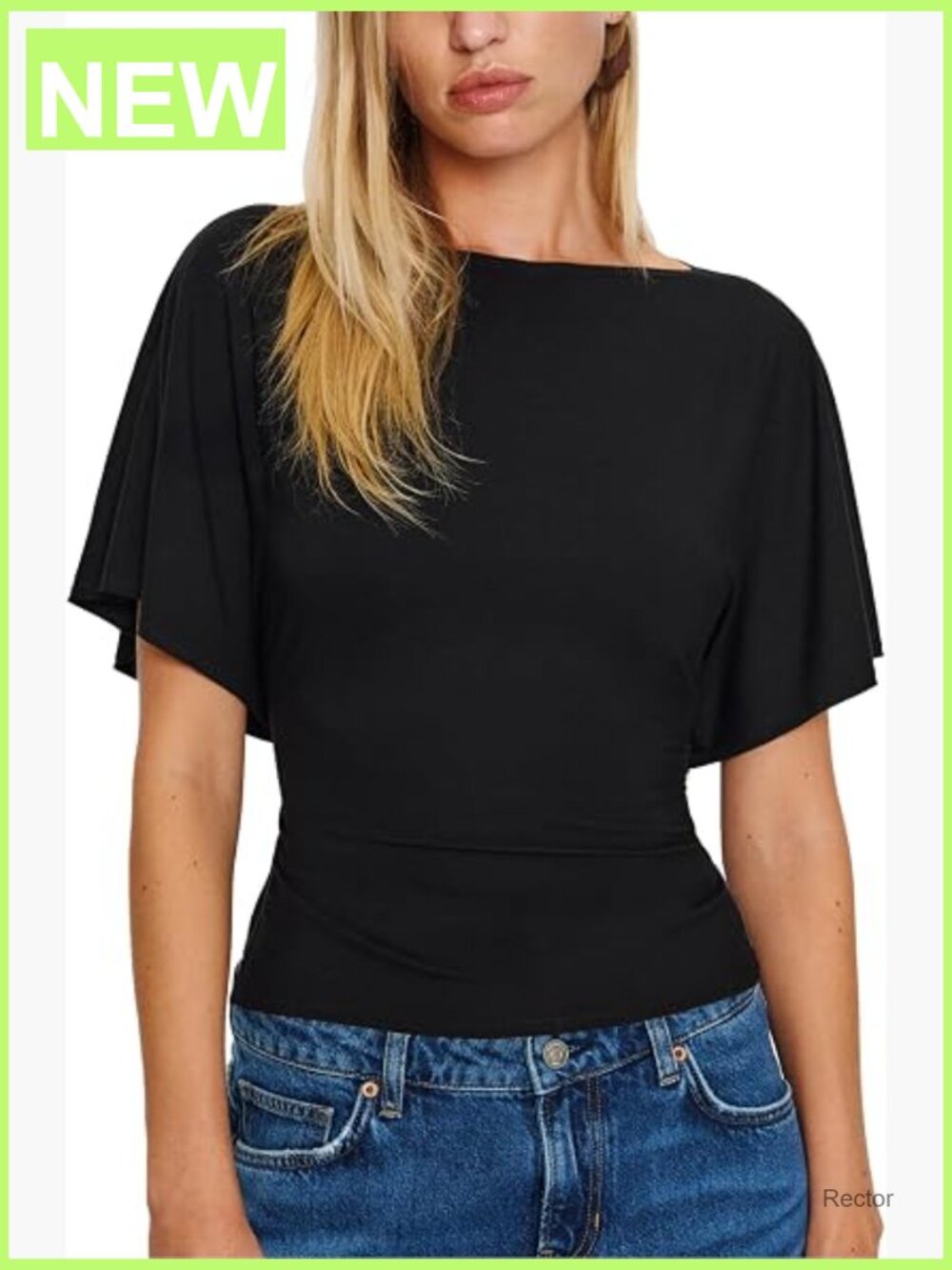 Stretchy Dolman Sleeve Boat Neck Knit Top Cinched Waist Tee